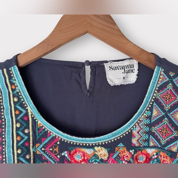 Savanna Jane Floral Boho Embroidered Cap Sleeve Top in Multicolor Blue, Medium - Picture 6 of 9
